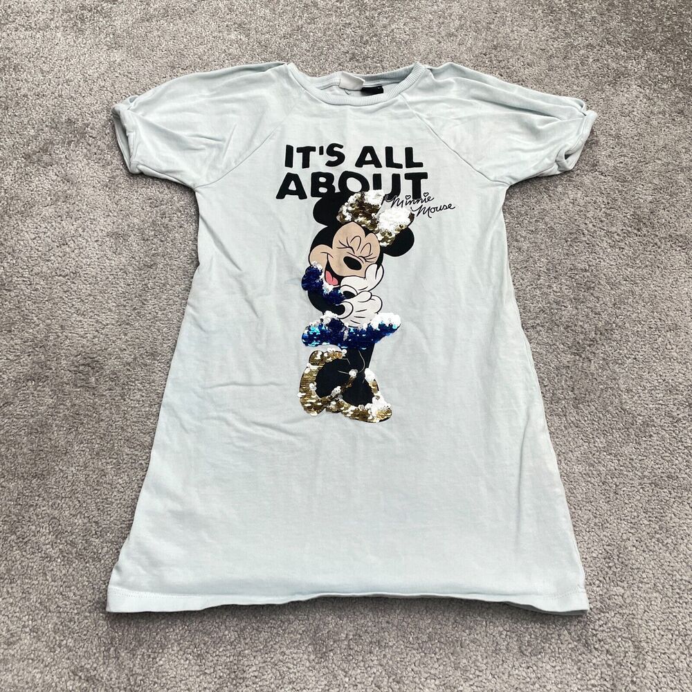 Zara Sequin Embellished Mickey Mouse Dress Kids Girls 9 Blue Short Sleeve Casual